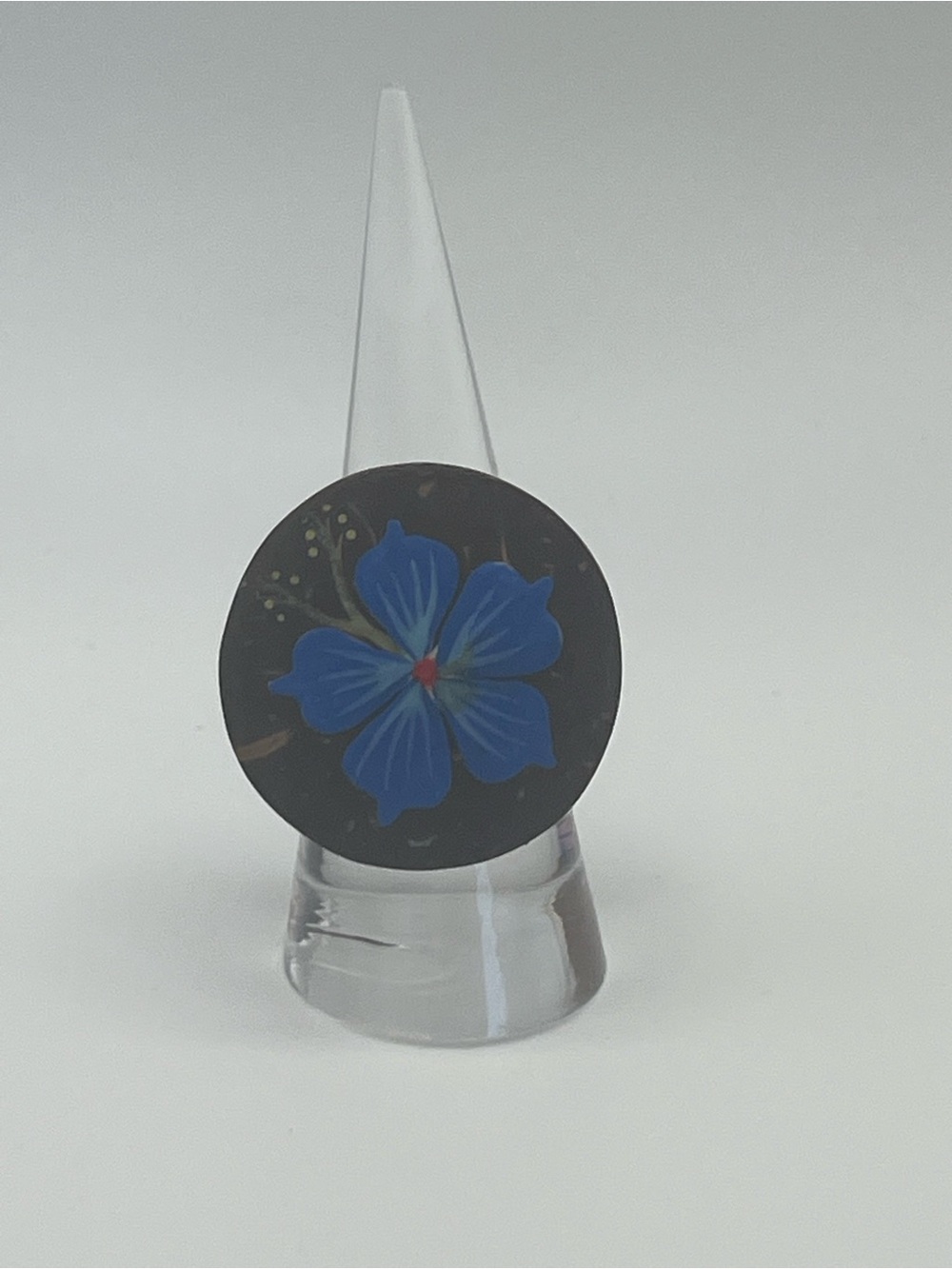 Hand-Painted Blue Floral Wood Ring